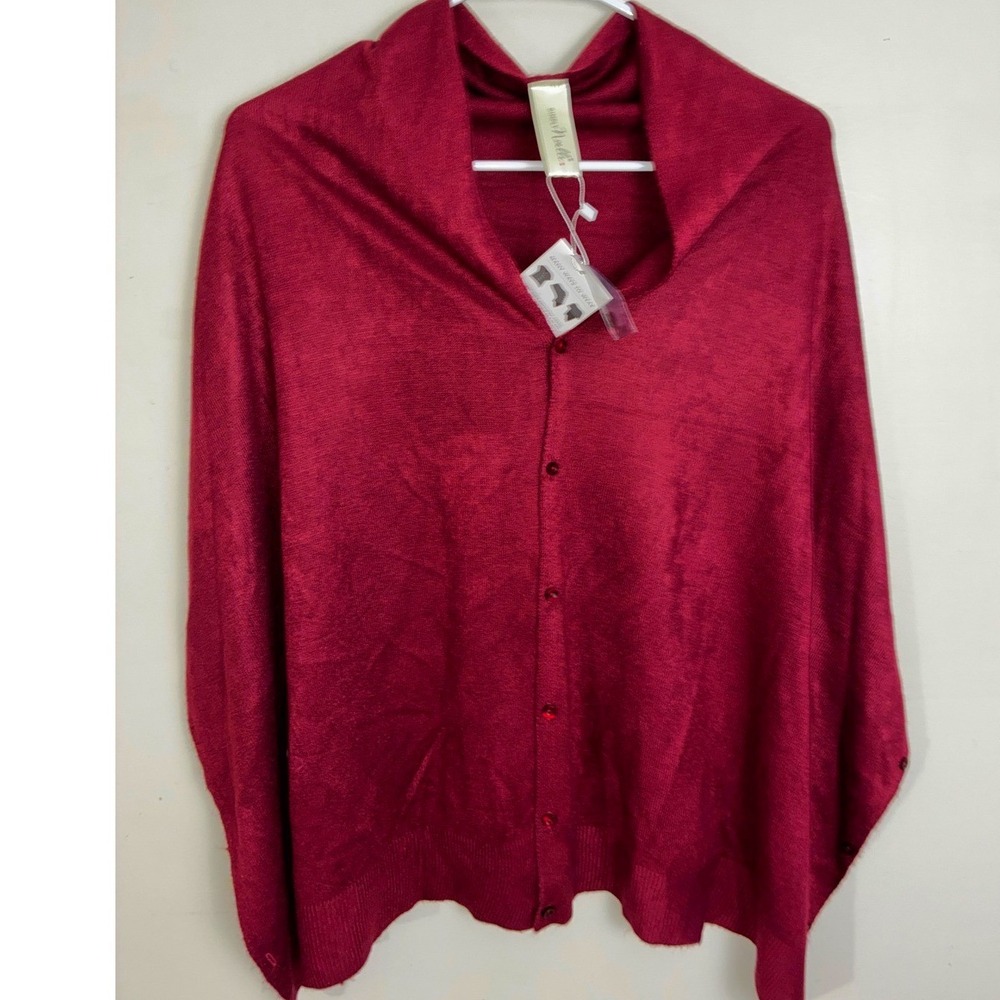 Simply Noelle Button Wrap Women OS Burgundy Multi-Way Knit Poncho Scarf Shawl